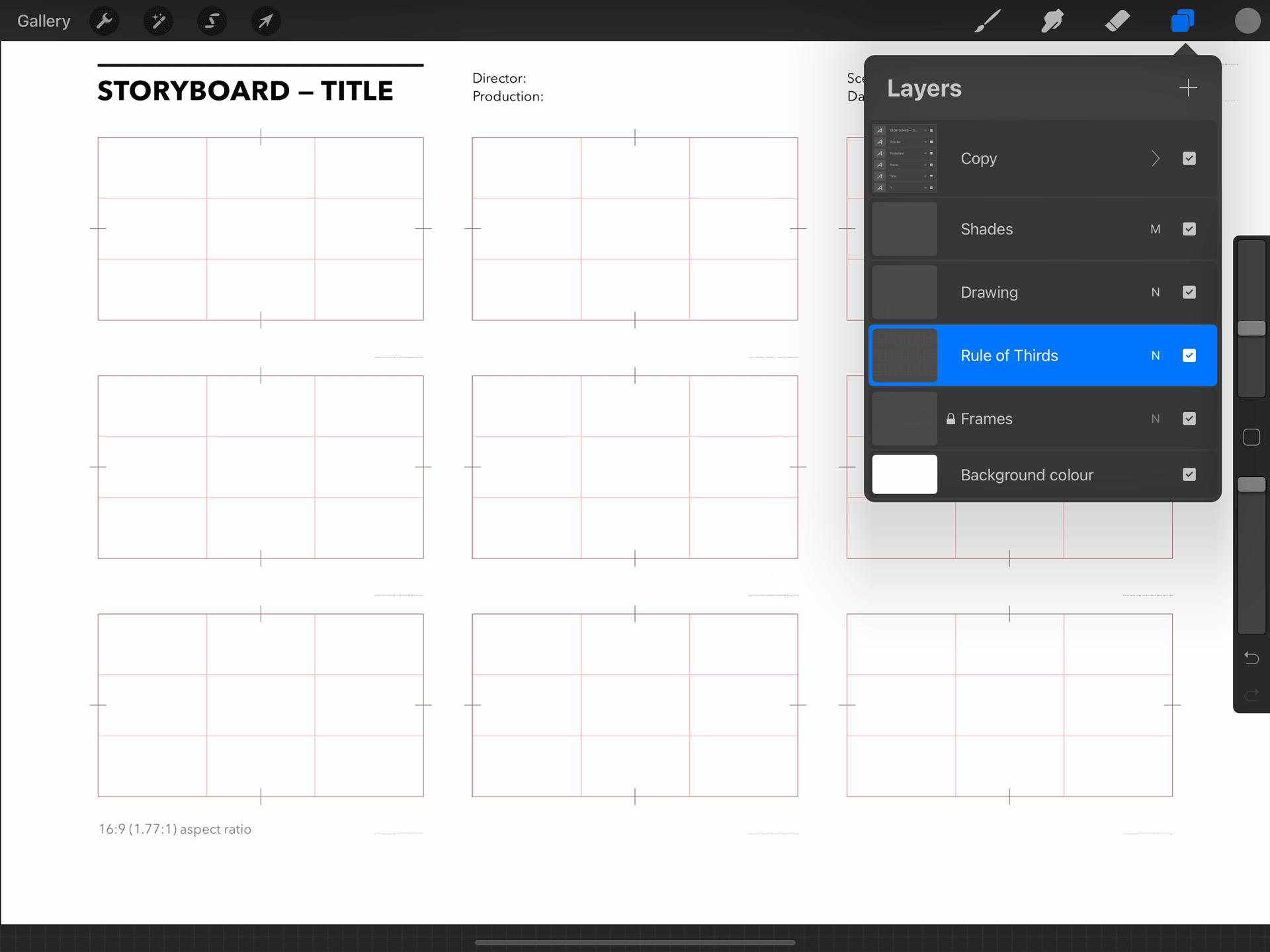 Free Procreate storyboard template for 16/9 films