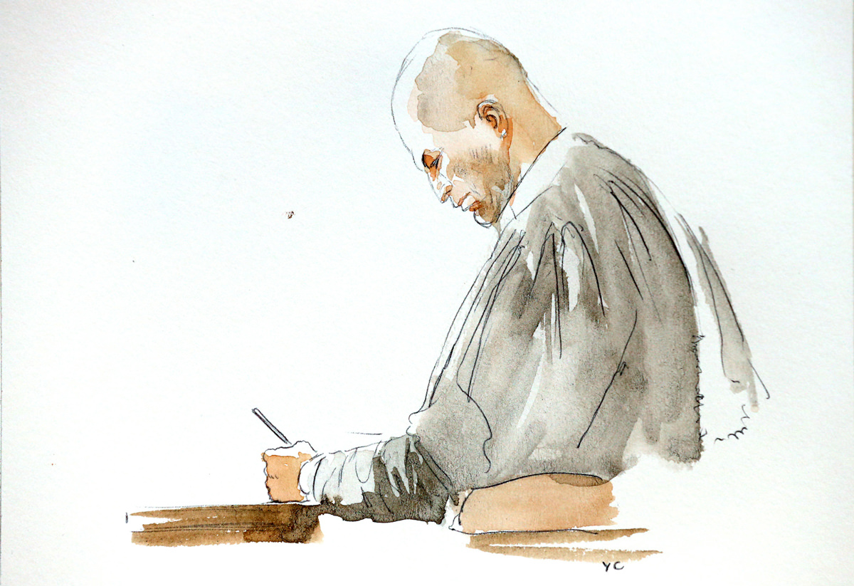 Courtroom Sketch, Rue du Driestraat trial, Sven Mary.